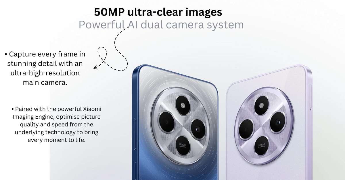 50MP ultra-clear, Powerful AI dual camera system, Redmi 14c 5g 